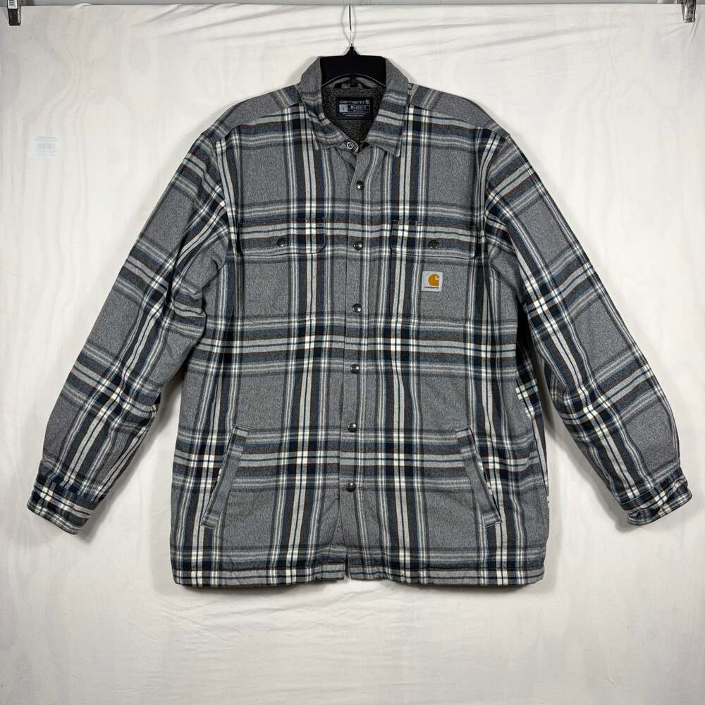 Carhartt TJ4452-M Men's Relaxed Fit Sherpa Lined Plaid Flannel Jacket Gray